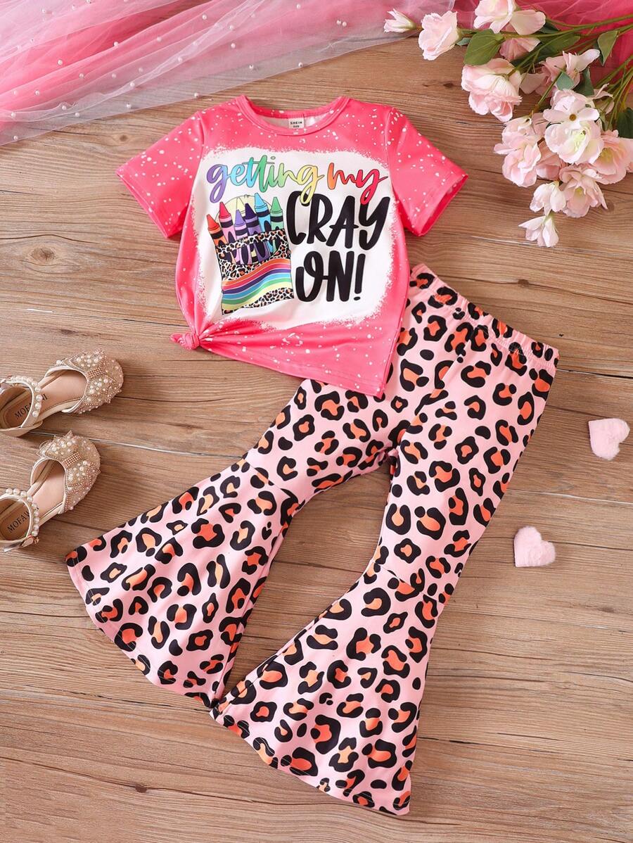 SHEIN Bộ 2 Áo thun ngắn tay họa tiết khẩu hiệu thường ngày cho bé gái và quần ống loe họa tiết da báo trang phục mùa hè - Nhiều màu - Xem 1