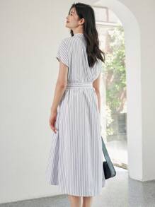 DAZY 條紋印花蝙蝠袖腰帶襯衫連衣裙