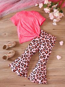 SHEIN Bộ 2 Áo thun ngắn tay họa tiết khẩu hiệu thường ngày cho bé gái và quần ống loe họa tiết da báo trang phục mùa hè - Nhiều màu - Xem 2
