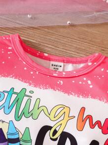 SHEIN Bộ 2 Áo thun ngắn tay họa tiết khẩu hiệu thường ngày cho bé gái và quần ống loe họa tiết da báo trang phục mùa hè - Nhiều màu - Xem 3