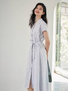 DAZY 條紋印花蝙蝠袖腰帶襯衫連衣裙