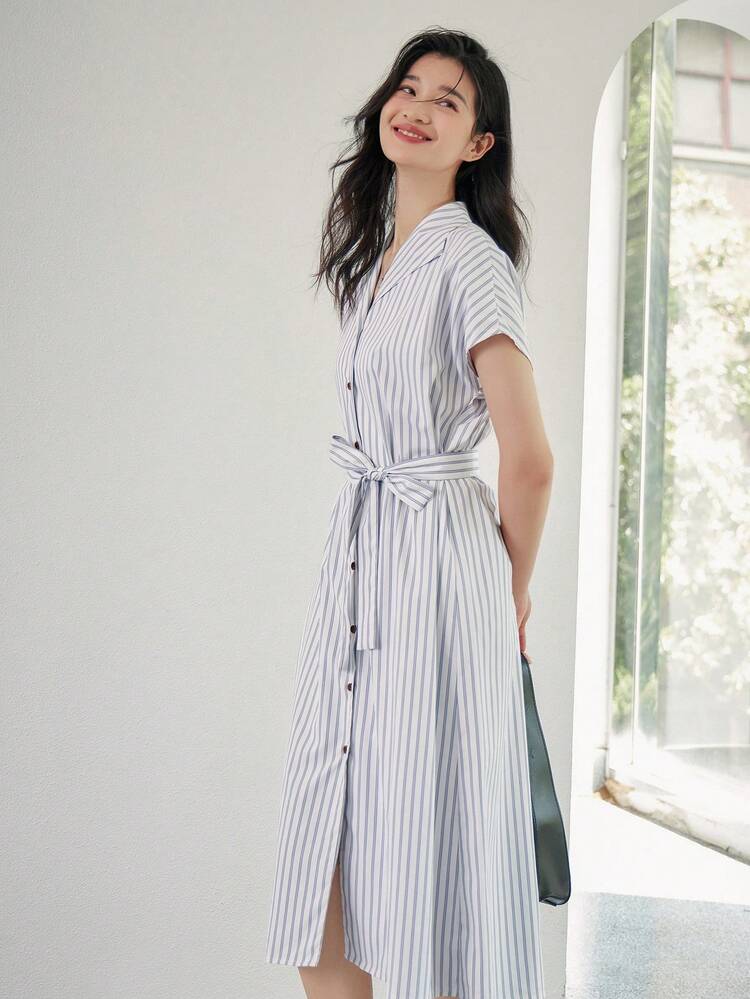 DAZY 縞模様プリント バットウイングスリーブ ベルト シャツドレス - ブルー - 見る 6