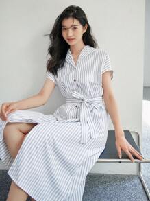 DAZY 條紋印花蝙蝠袖腰帶襯衫連衣裙