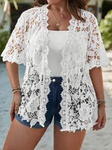 SHEIN VCAY Plus Guipure Lace Open Front Kimono - White - View 5