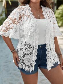 SHEIN VCAY Plus Guipure Lace Open Front Kimono - White - View 6