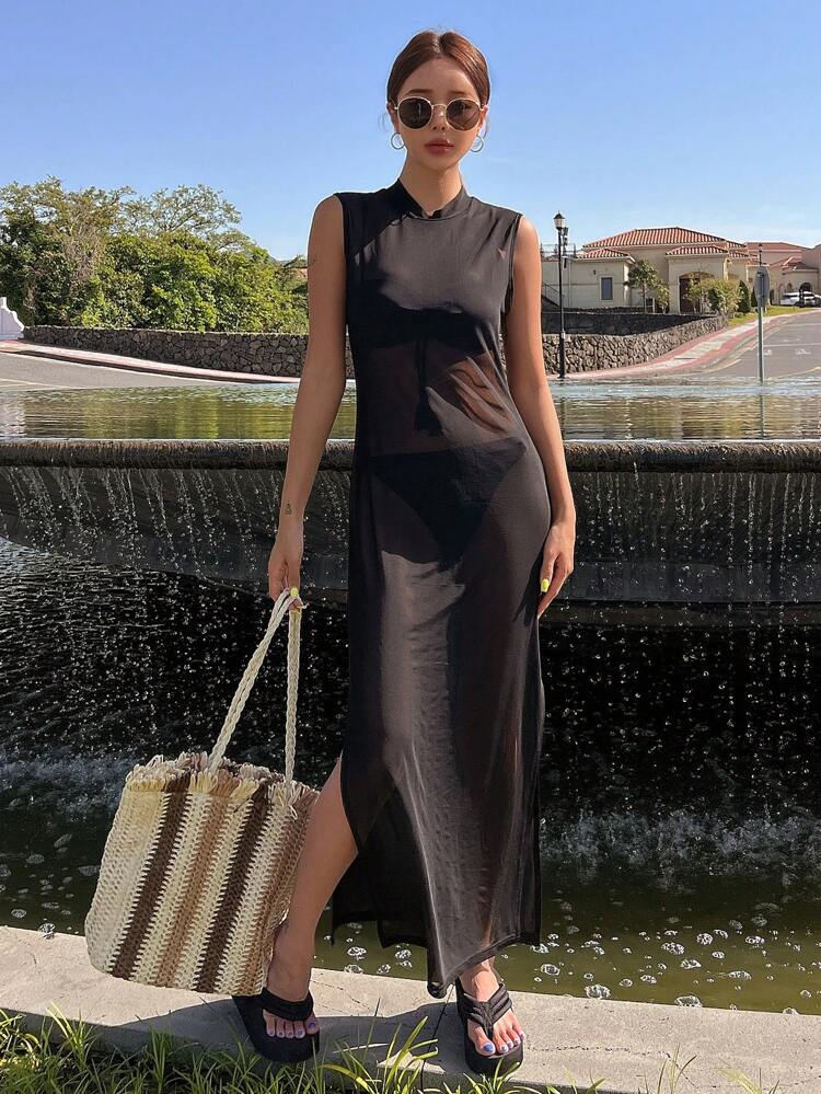 Solid Split Hem Mesh Cover Up Dress Without Liner Summer Sheer,Beach Women Outfits Vacation