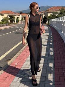 DAZY 素色下擺開叉網紗罩衫連衣裙不附襯裏 - 黑色 - 查看 5