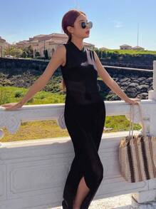 DAZY 素色下擺開叉網紗罩衫連衣裙不附襯裏 - 黑色 - 查看 7