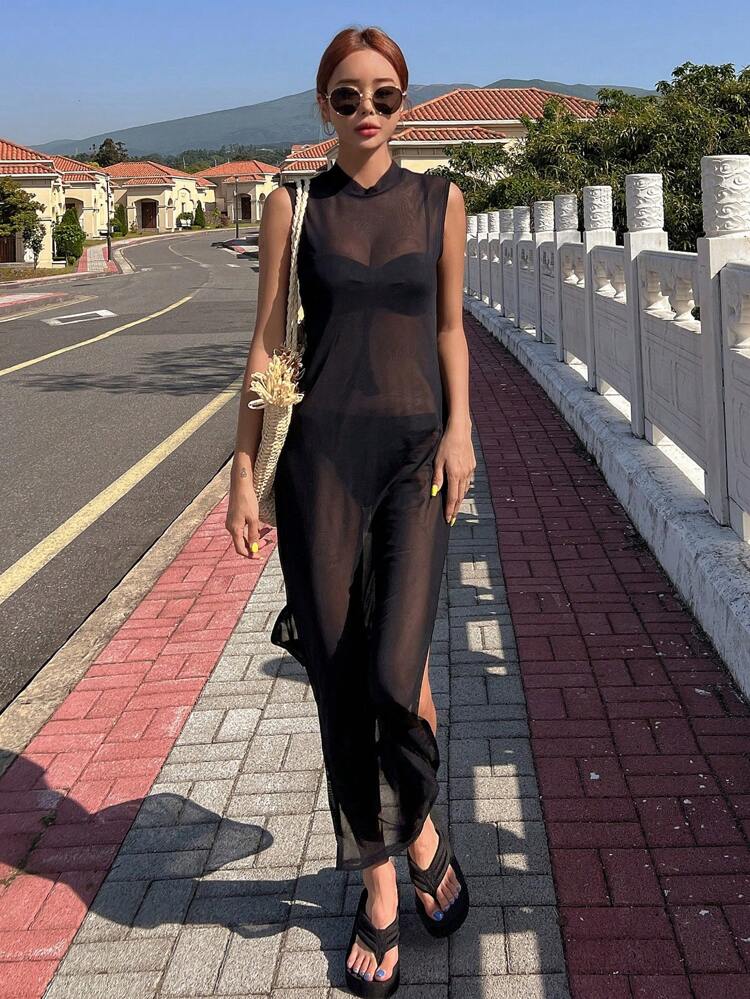 Solid Split Hem Mesh Cover Up Dress Without Liner Summer Sheer,Beach Women Outfits Vacation