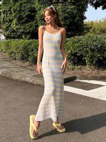 DAZY Vestido de punto de tirantes con patrón de rayas - Multicolor - Ver 6