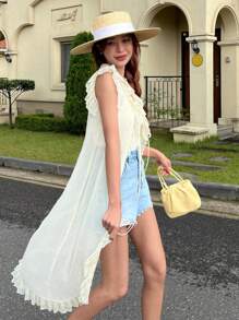 DAZY Ruffle Trim Tie Front High Low Hem Blouse - Apricot - View 2