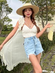 DAZY Ruffle Trim Tie Front High Low Hem Blouse - Apricot - View 3