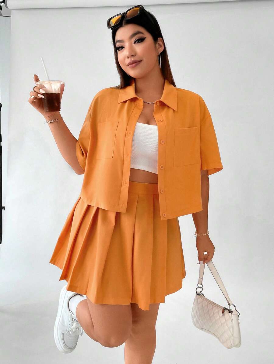SHEIN Qutie Bộ thời trang Plus Size Xếp li Túi Nút phía trước màu trơn Giải trí - trái cam - Xem 1