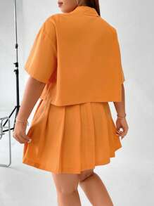 SHEIN Qutie Bộ thời trang Plus Size Xếp li Túi Nút phía trước màu trơn Giải trí - trái cam - Xem 2