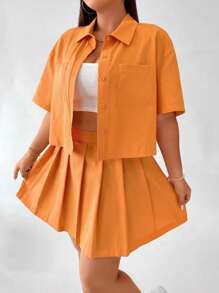 SHEIN Qutie Bộ thời trang Plus Size Xếp li Túi Nút phía trước màu trơn Giải trí - trái cam - Xem 3