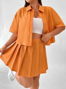 SHEIN Qutie Bộ thời trang Plus Size Xếp li Túi Nút phía trước màu trơn Giải trí - trái cam - Xem 5