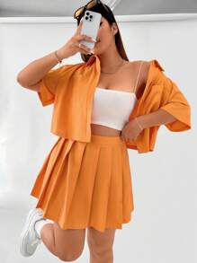 SHEIN Qutie Bộ thời trang Plus Size Xếp li Túi Nút phía trước màu trơn Giải trí - trái cam - Xem 6