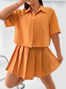 SHEIN Qutie Bộ thời trang Plus Size Xếp li Túi Nút phía trước màu trơn Giải trí - trái cam - Xem 7