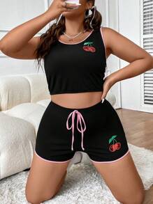 SHEIN Qutie 大碼櫻桃圖案撞色滾邊背心上衣&前繫帶短褲 - 彩色 - 查看 3