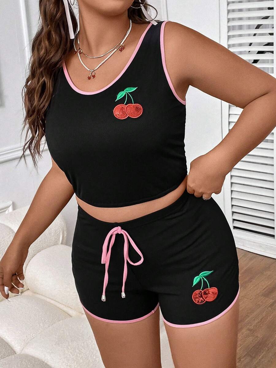SHEIN Qutie 大碼櫻桃圖案撞色滾邊背心上衣&前繫帶短褲 - 彩色 - 查看 1