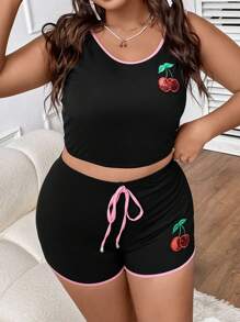 SHEIN Qutie 大碼櫻桃圖案撞色滾邊背心上衣&前繫帶短褲 - 彩色 - 查看 4