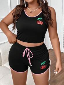 SHEIN Qutie 大碼櫻桃圖案撞色滾邊背心上衣&前繫帶短褲 - 彩色 - 查看 5