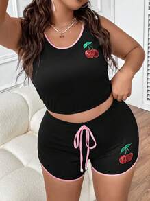 SHEIN Qutie 大碼櫻桃圖案撞色滾邊背心上衣&前繫帶短褲 - 彩色 - 查看 6