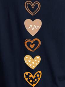 INAWLY 加心印花落肩 T 恤图案 T 恤女式上衣 - 藏蓝色 - 查看 4