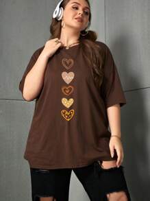 INAWLY Plus Heart Print Drop Shoulder Tee Graphic Tees Women Tops