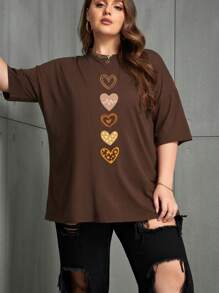 INAWLY Plus Heart Print Drop Shoulder Tee Graphic Tees Women Tops