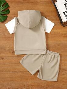 SHEIN Da Bambini Maglietta & Pantaloncini con grafica slogan con tasca a marsupio 2 in 1 con cappuccio