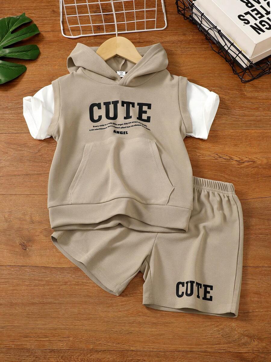 SHEIN Da Bambini Maglietta & Pantaloncini con grafica slogan con tasca a marsupio 2 in 1 con cappuccio