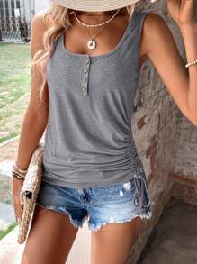 SHEIN LUNE Áo khoác và áo lót dành cho xe tăng nữ Dây kéo Nút phía trước Nút giả màu trơn Giải trí - Xám - Xem 1