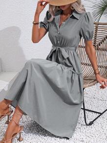 SHEIN Clasi Vestido camisero de manga farol bajo con fruncido con cinturón - Negro - Ver 1