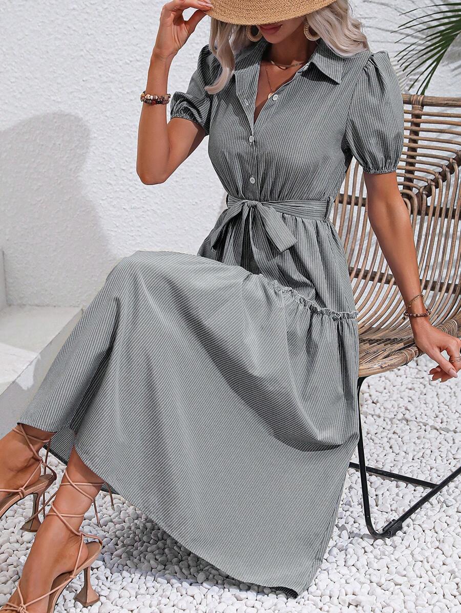 SHEIN Clasi Vestido camisero de manga farol bajo con fruncido con cinturón - Negro - Ver 1