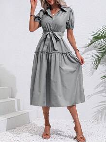 SHEIN Clasi Vestido camisero de manga farol bajo con fruncido con cinturón - Negro - Ver 5