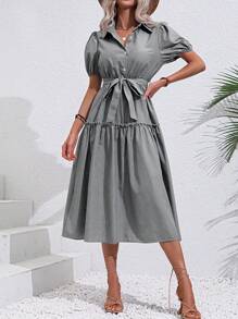 SHEIN Clasi Vestido camisero de manga farol bajo con fruncido con cinturón - Negro - Ver 6