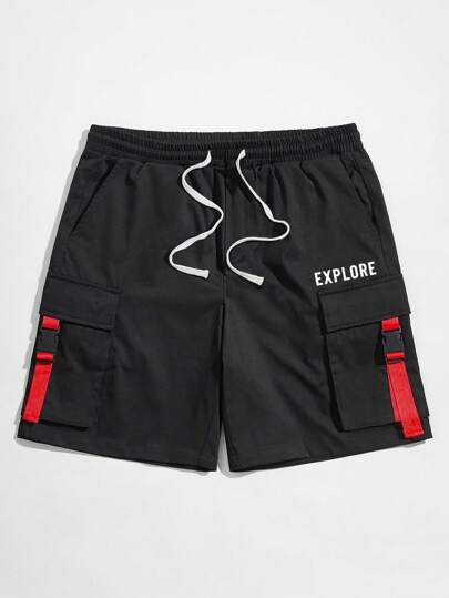 Guys Letter Graphic Buckle Detail Flap Pocket Drawstring Waist Cargo Shorts