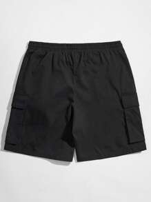 Manfinity VCAY 男士字母圖案帶扣細節翻蓋口袋腰部抽繩工裝短褲 - 黑色 - 查看 2