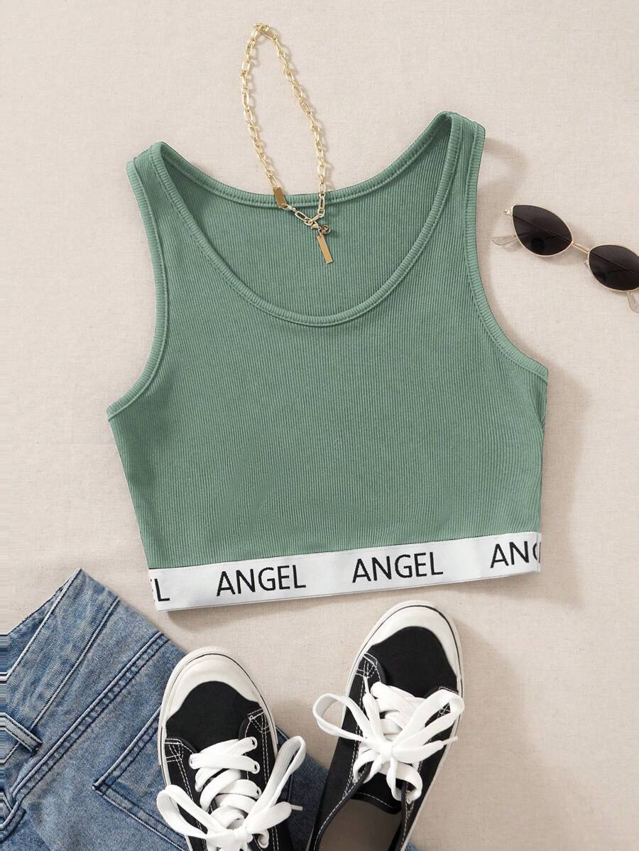 SHEIN Unity Áo crop top in chữ họa tiết áo thun nữ - Màu xanh Bạc hà - Xem 1