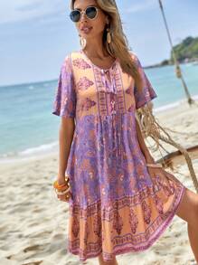 SHEIN Holidaya Floral Print Tie Neck Ruffle Hem Smock Dress - Purple - View 1