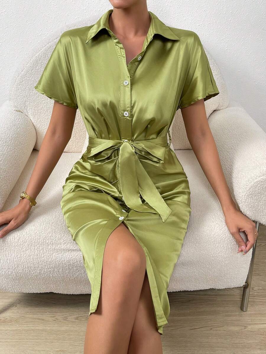SHEIN Privé Button Front Belted Satin Shirt Dress - Olive Green - View 1