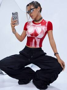 SHEIN ICON 身體熱成像印花短款T恤 - 紅色 - 查看 6