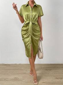 SHEIN Privé Button Front Belted Satin Shirt Dress - Olive Green - View 3