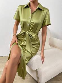 SHEIN Privé Button Front Belted Satin Shirt Dress - Olive Green - View 4