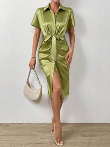 SHEIN Privé Button Front Belted Satin Shirt Dress - Olive Green - View 6