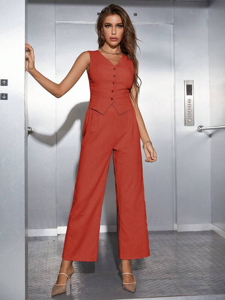 Modelyn Top tank unicolor & Pantalones de pierna ancha & Abrigo - Naranja - Añade 7