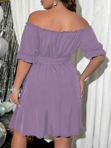 SHEIN Clasi 大碼派對腰帶 亮片拼接 褶皺邊純色連衣裙 - 紫色 - 查看 2