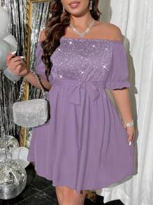 SHEIN Clasi 大碼派對腰帶 亮片拼接 褶皺邊純色連衣裙 - 紫色 - 查看 4