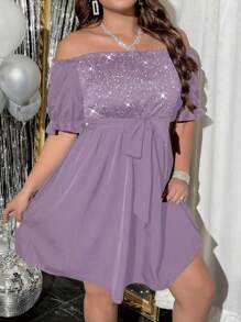 SHEIN Clasi 大碼派對腰帶 亮片拼接 褶皺邊純色連衣裙 - 紫色 - 查看 5